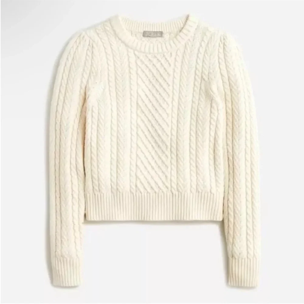 J. Crew Cable-Knit Puff-Sleeve Crewneck Sweater BS978